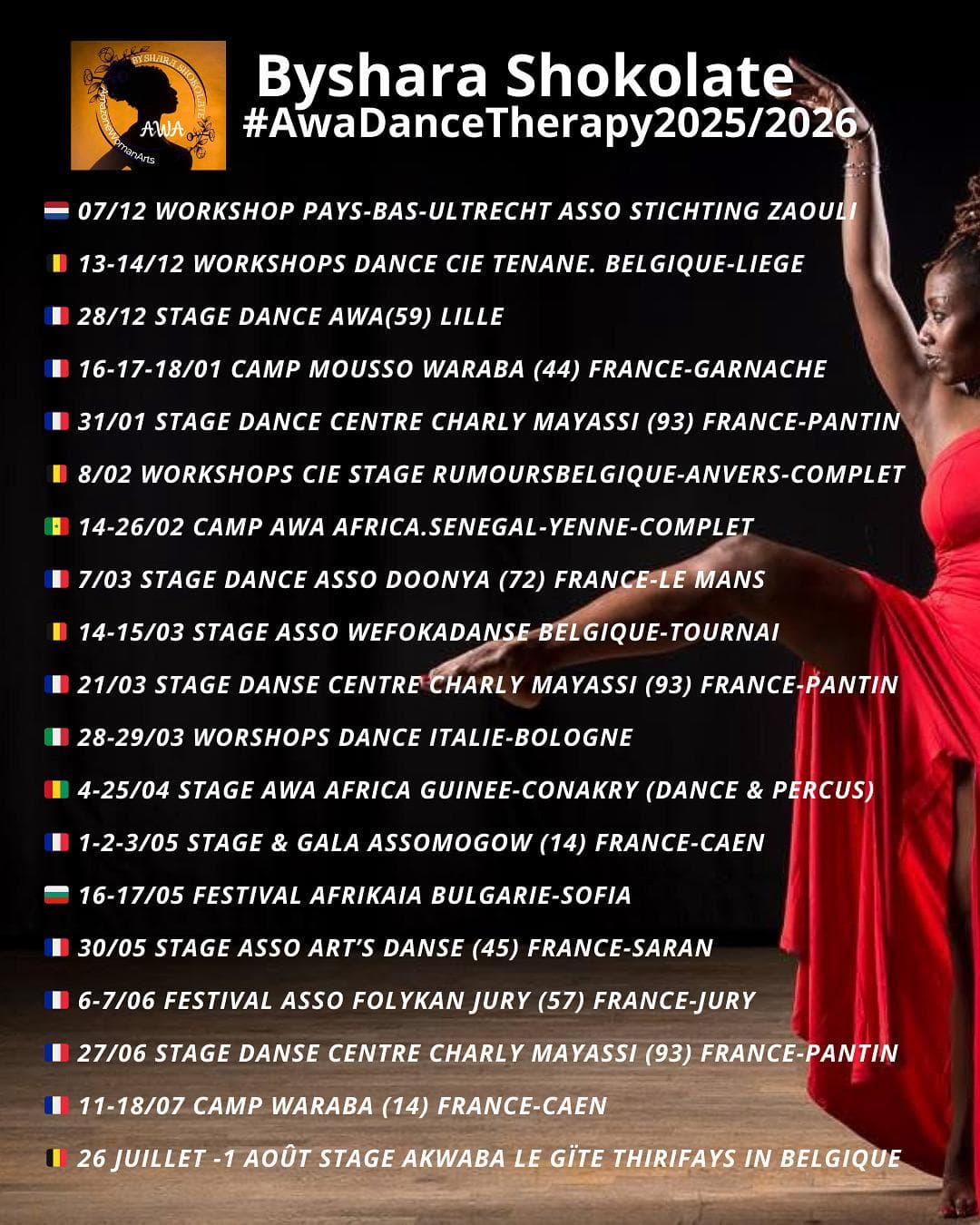 Planning Byshara Shokolate #AwaDanceTherapy2025/2026 - Liste des stages et workshops